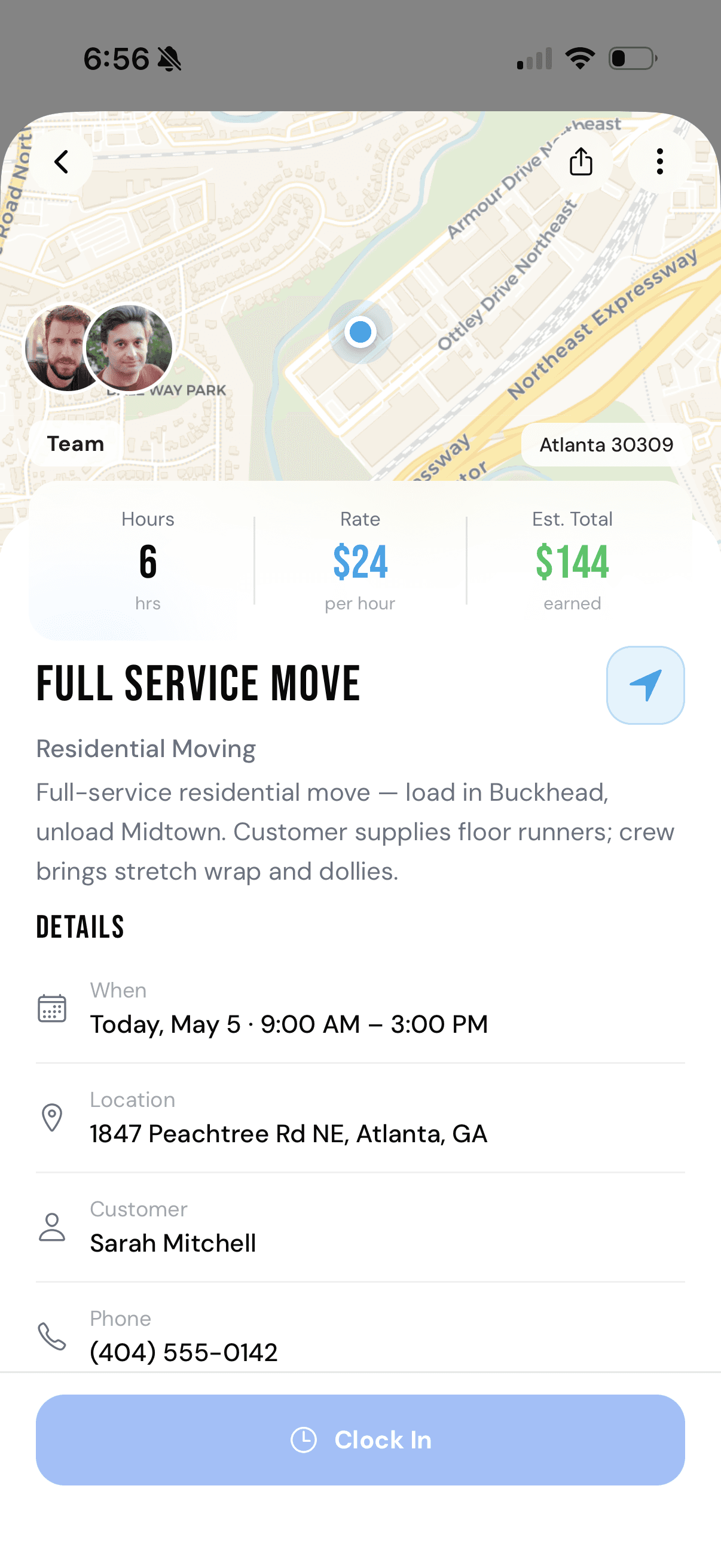 Helprs mobile app showing a full service move job detail